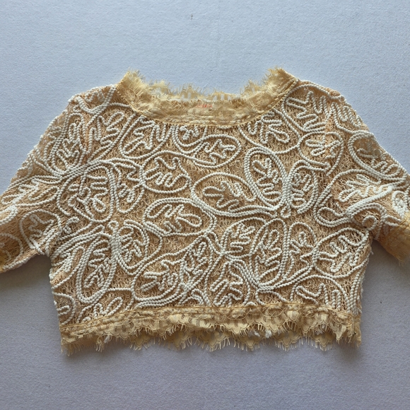 Luxxel Tops - Luxxel Beige Peach and White Embroidered Crop Top